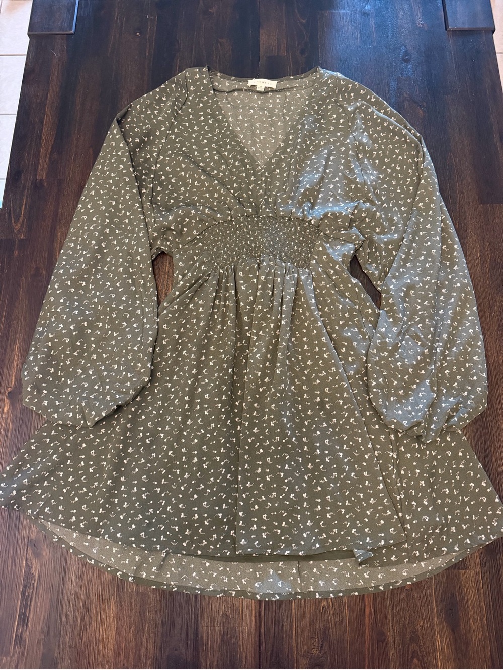 Promesa Olive Green V-Neck Smocked Waist Tunic with White Ditsy Print